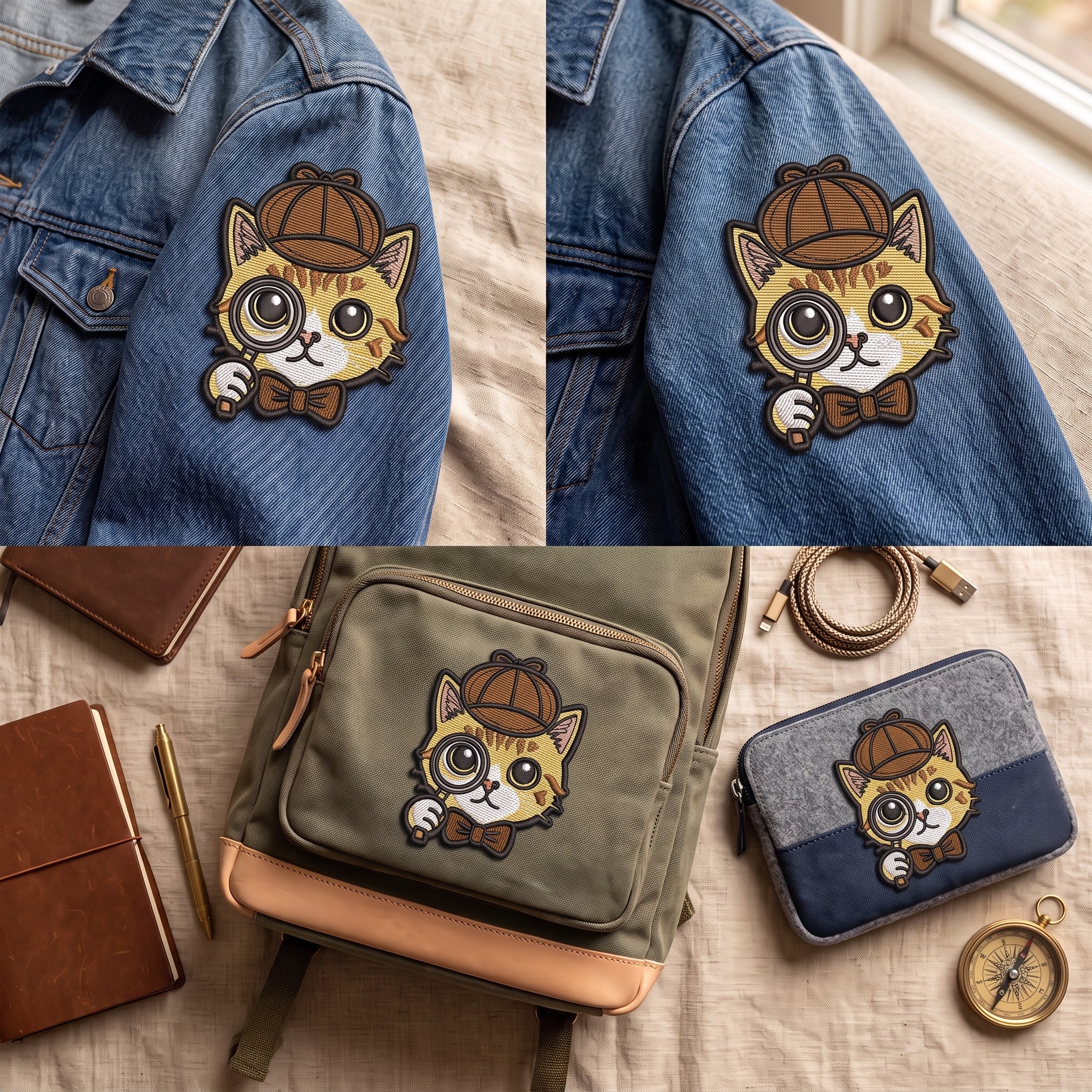 Detective Cat Embroidery Patch | Mystery Cat Face Iron On Patch | Cute Detective Animal Patch