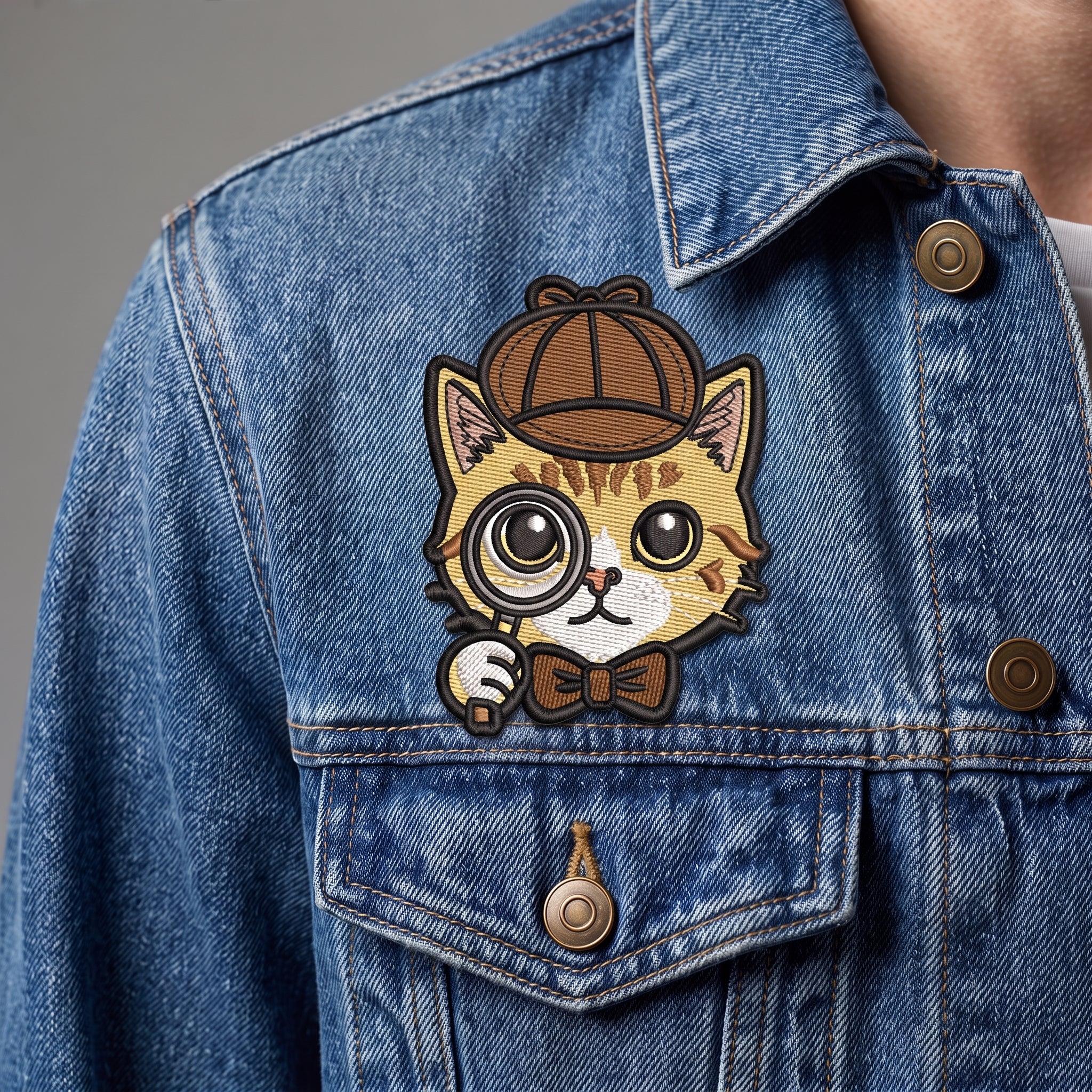 Detective Cat Embroidery Patch | Mystery Cat Face Iron On Patch | Cute Detective Animal Patch