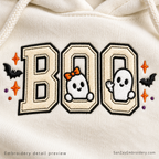 Close-up preview of BOO lettering, ghosts, bats, and orange embroidery details