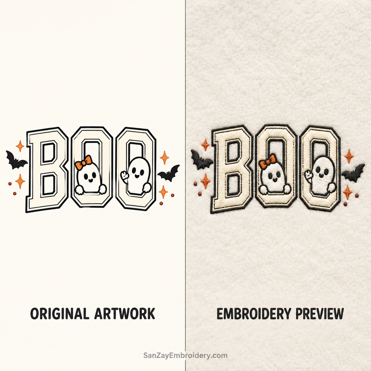 BOO ghost original artwork beside a simulated embroidery preview