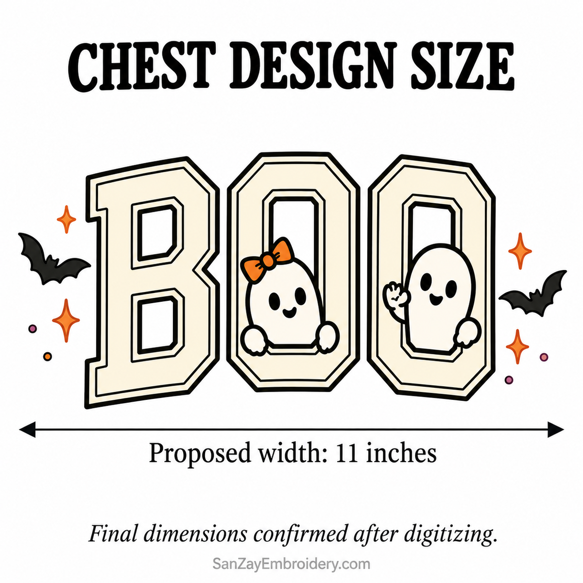 BOO ghost design illustration showing a proposed 11-inch width