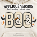 BOO ghost appliqué design mockup with collegiate letters, bats, and orange accents