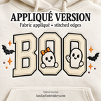 BOO ghost appliqué design mockup with collegiate letters, bats, and orange accents