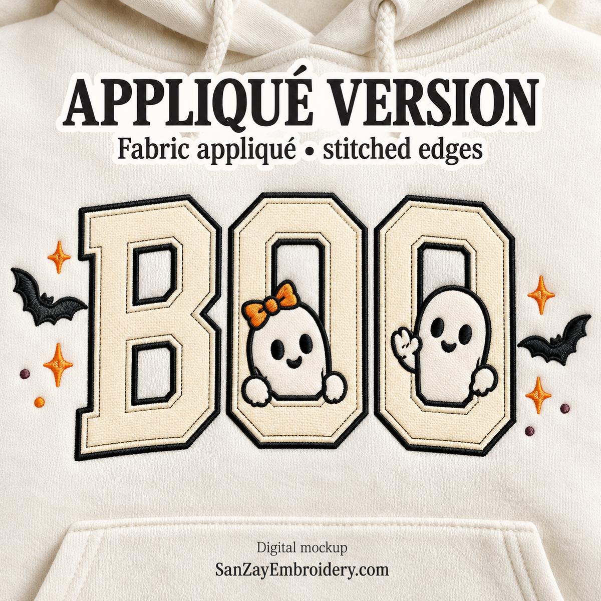 BOO ghost appliqué design mockup with collegiate letters, bats, and orange accents