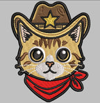 Cowboy Cat embroidered patch featuring a western cat face wearing a cowboy hat, available in sizes 4 to 12 inches
