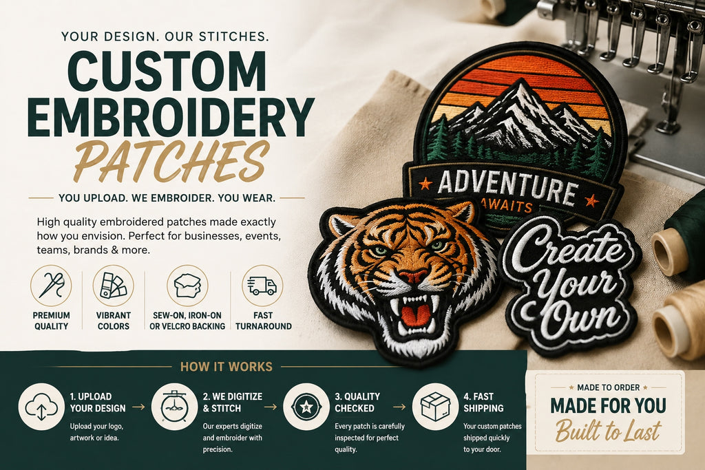 Custom Embroidered Patches - No Minimum, Bulk Pricing Available, Iron On, Sew On or Hook & Loop, 2.5" to 12"