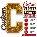 Custom varsity letter knockout applique embroidery design, gold and black block letter with digitizing example