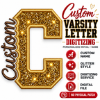 Custom varsity letter knockout applique embroidery design, gold and black block letter with digitizing example