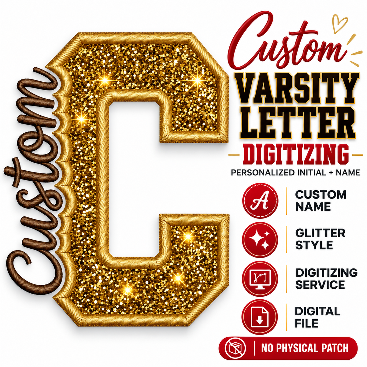 Custom varsity letter knockout applique embroidery design, gold and black block letter with digitizing example