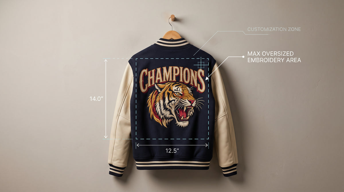 Jacket on a hanger displaying an embroidered logo from a digitized stitch file