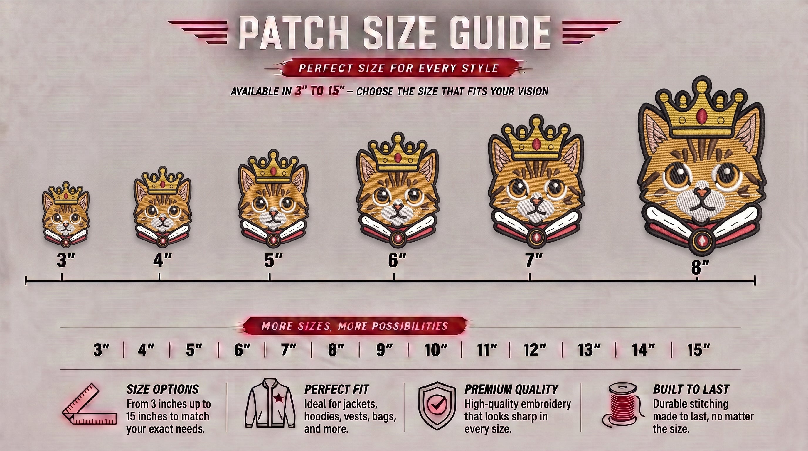 King Cat Embroidered Patch - Iron On, Sew On & Hook and Loop, 4" to 12"