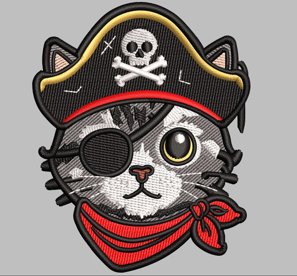 Pirate Cat Embroidered Patch - Iron On, Sew On & Hook and Loop, 4" to 12"