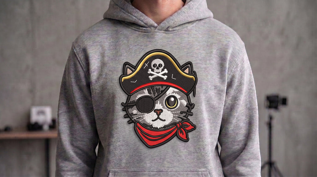 Pirate Cat Embroidered Patch - Iron On, Sew On & Hook and Loop, 4" to 12"
