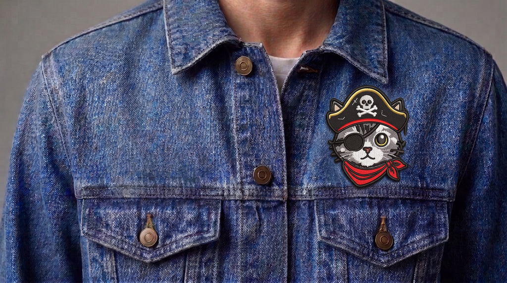 Pirate Cat Embroidered Patch - Iron On, Sew On & Hook and Loop, 4" to 12"