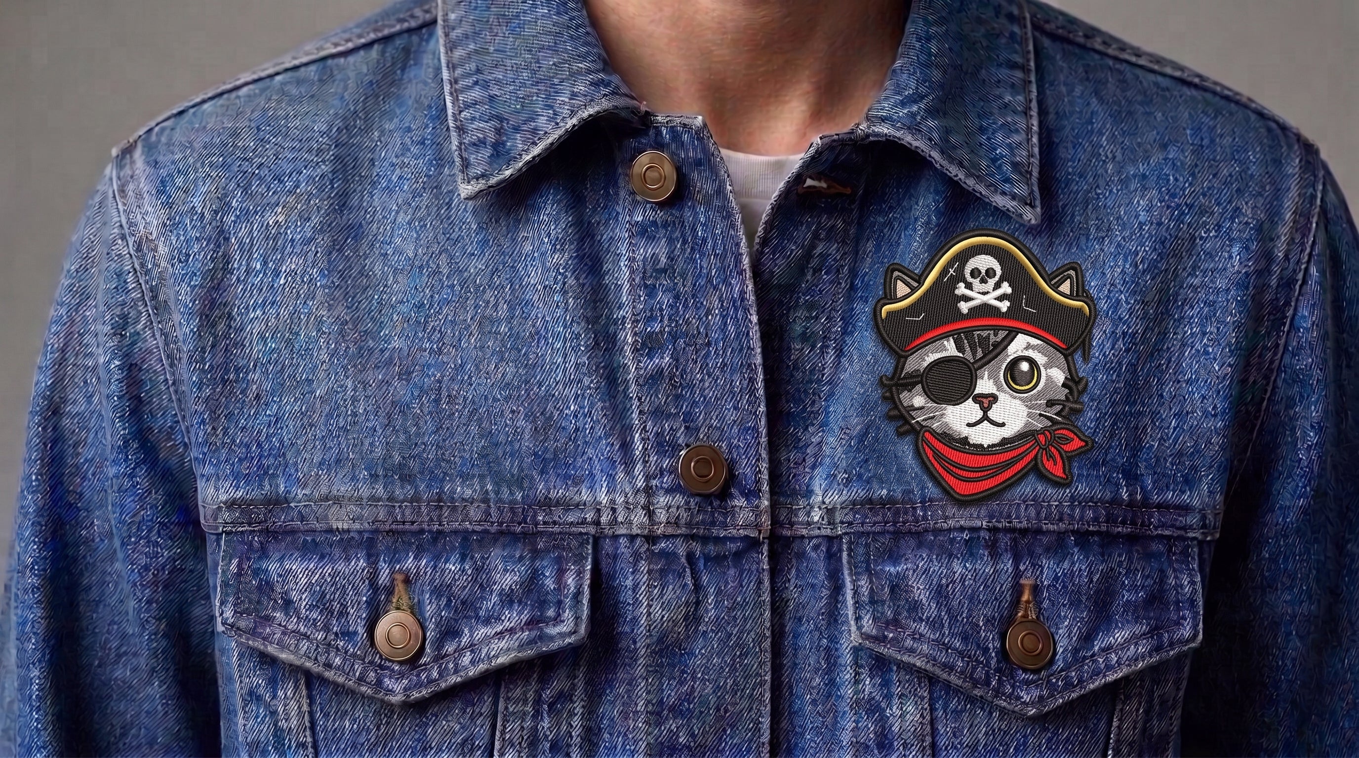 Pirate Cat Embroidered Patch - Iron On, Sew On & Hook and Loop, 4" to 12"