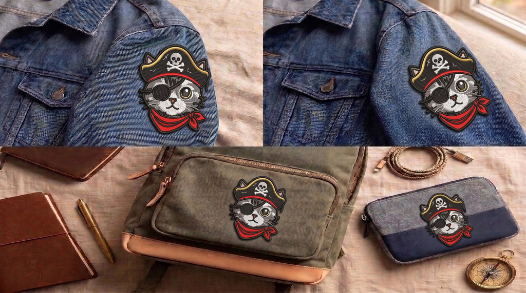 Pirate Cat Embroidered Patch - Iron On, Sew On & Hook and Loop, 4" to 12"