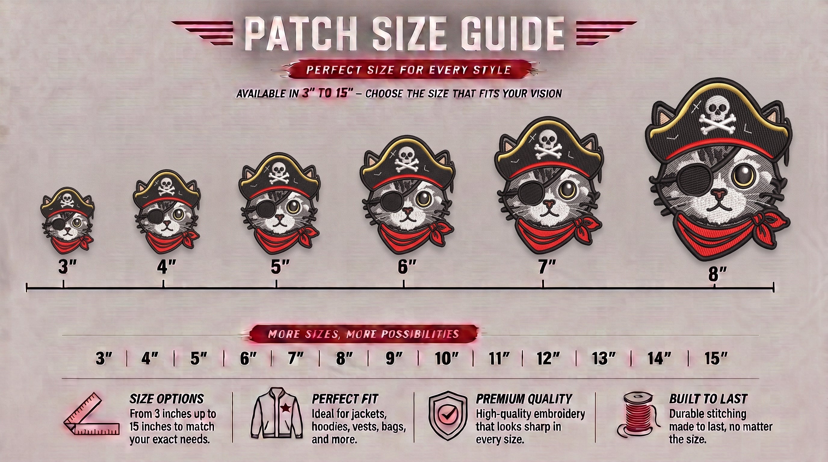 Pirate Cat Embroidered Patch - Iron On, Sew On & Hook and Loop, 4" to 12"