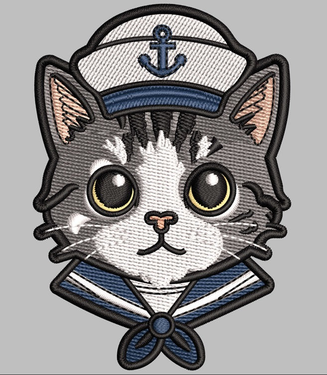 Sailor Cat Embroidered Patch - Iron On, Sew On & Hook and Loop, 4" to 12"