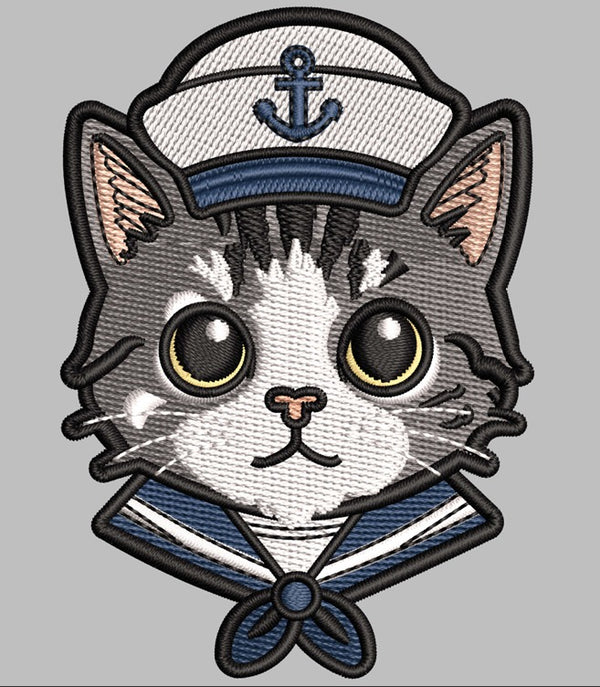 Sailor Cat Embroidered Patch - Iron On, Sew On & Hook and Loop, 4" to 12"
