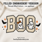 Thread-filled BOO ghost embroidery mockup with cream collegiate letters