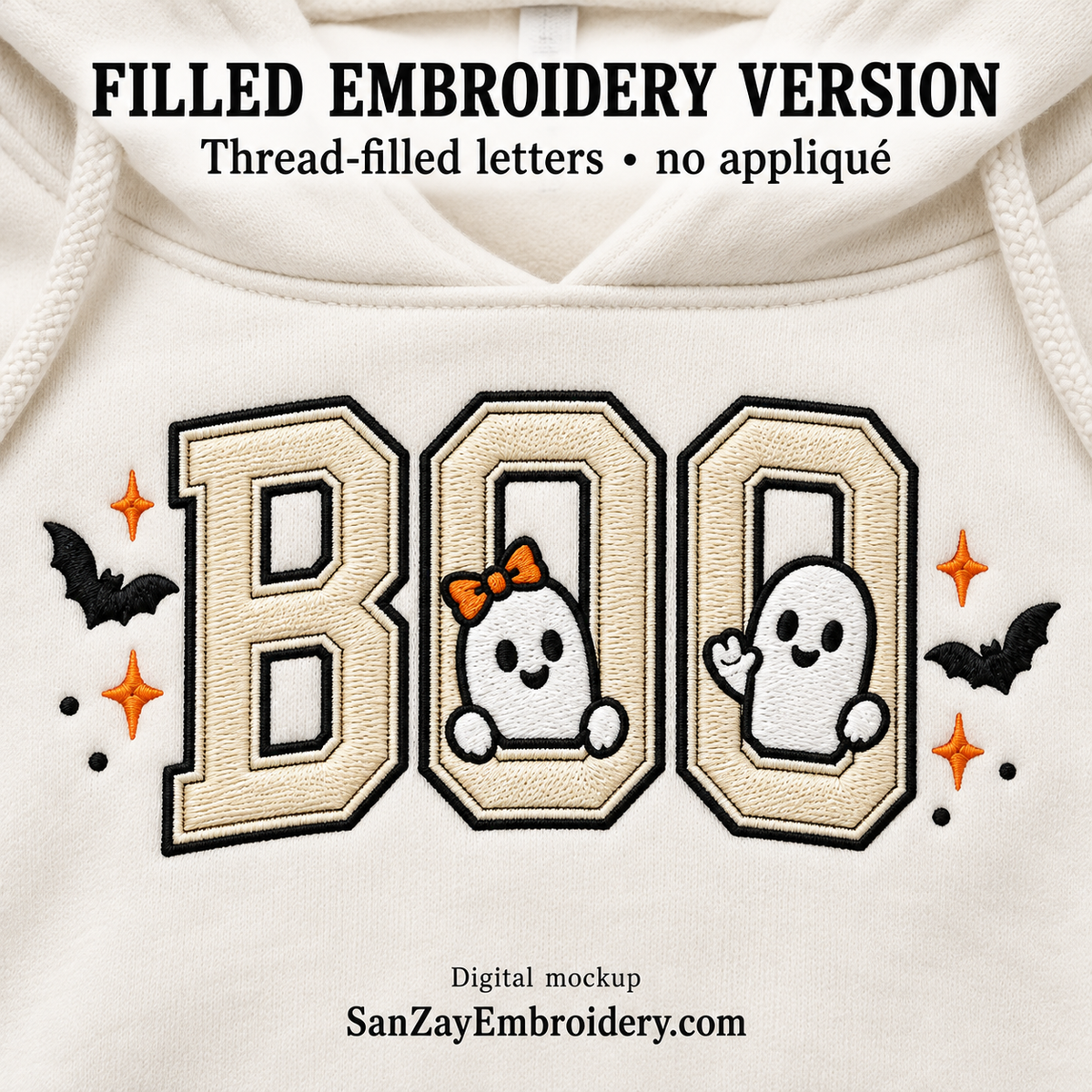 Thread-filled BOO ghost embroidery mockup with cream collegiate letters