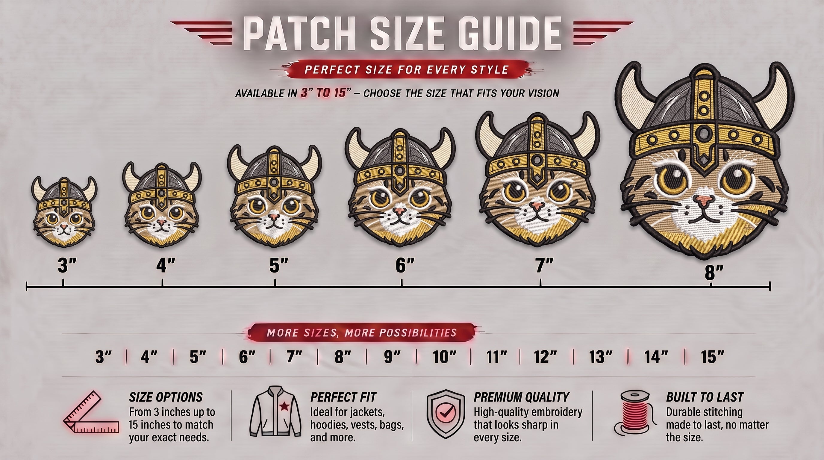 Viking Cat Embroidered Patch - Iron On, Sew On & Hook and Loop, 4" to 12"