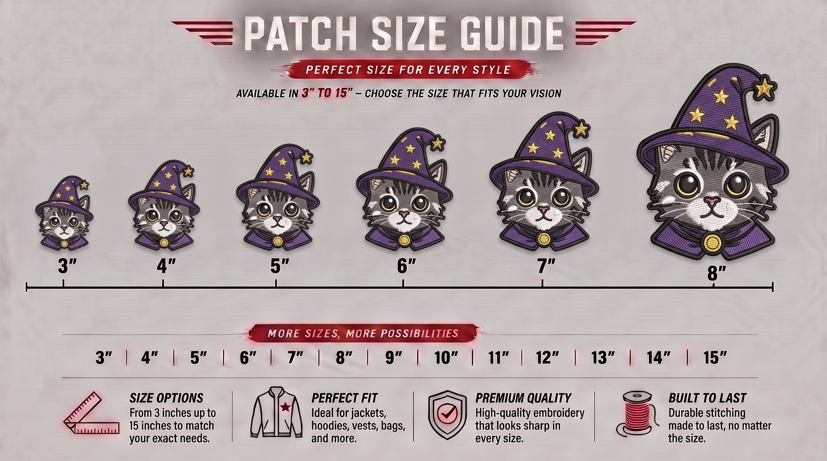Wizard Cat Embroidered Patch - Iron On, Sew On & Hook and Loop, 4" to 12"