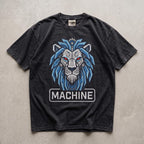 Oversized cybernetic lion embroidered patch, mecha robot design with glowing red eyes and MACHINE text banner