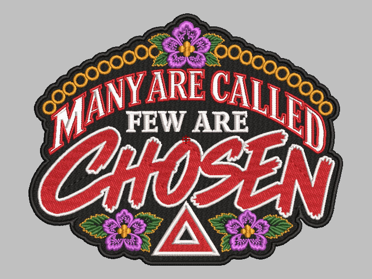 Embroidered script lettering patch with purple flowers, digitized for machine embroidery