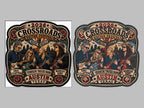 Guitar festival poster patch with banners and city skyline, digitized for embroidery, artwork and stitched preview