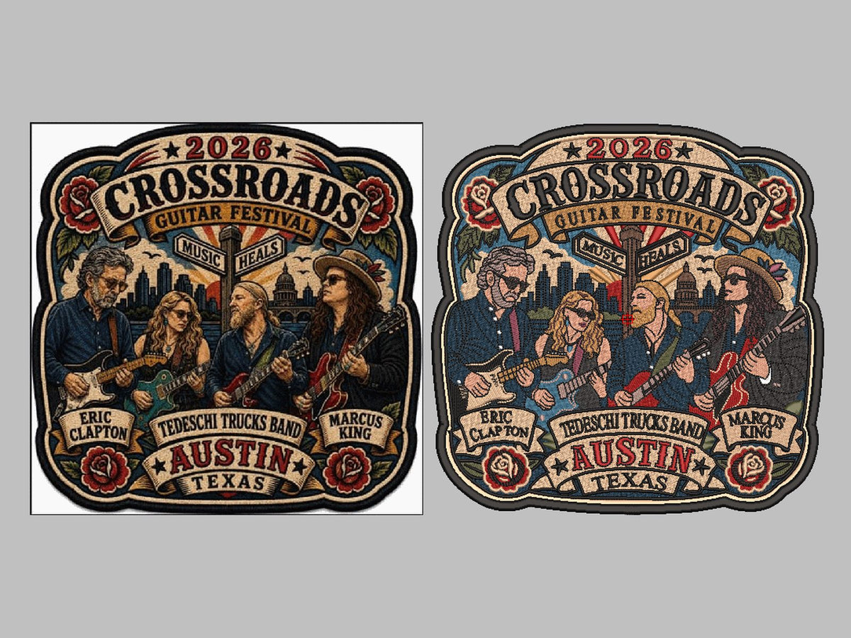 Guitar festival poster patch with banners and city skyline, digitized for embroidery, artwork and stitched preview