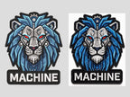 Blue mecha lion mascot patch converted to a stitch file, artwork and embroidery preview
