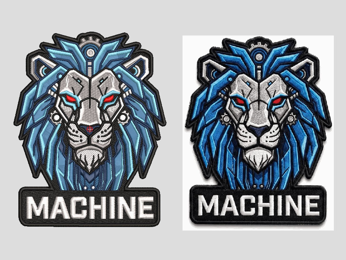 Blue mecha lion mascot patch converted to a stitch file, artwork and embroidery preview