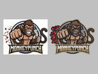 Angry monkey mascot logo digitized for embroidery, artwork next to embroidered result