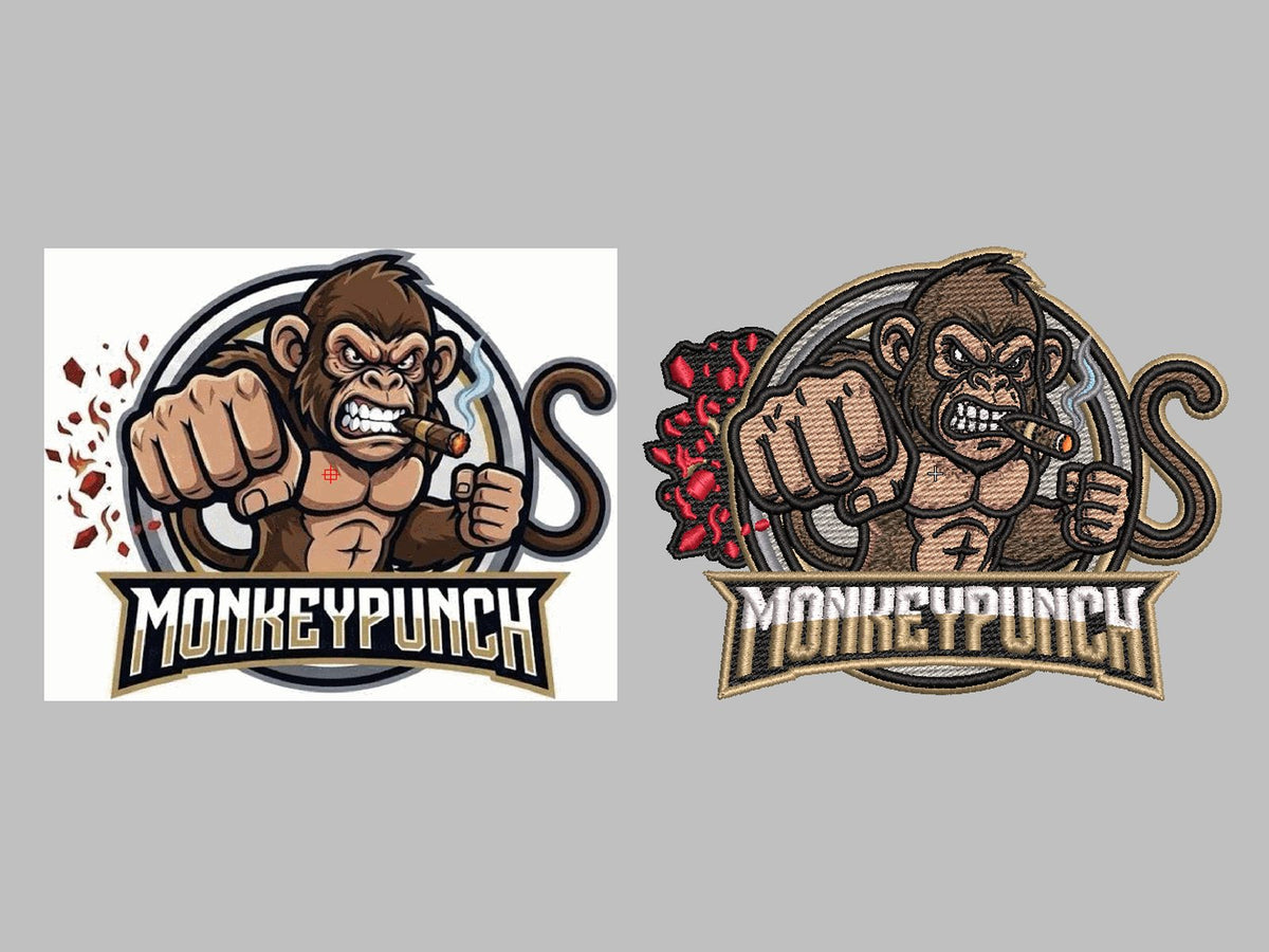 Angry monkey mascot logo digitized for embroidery, artwork next to embroidered result