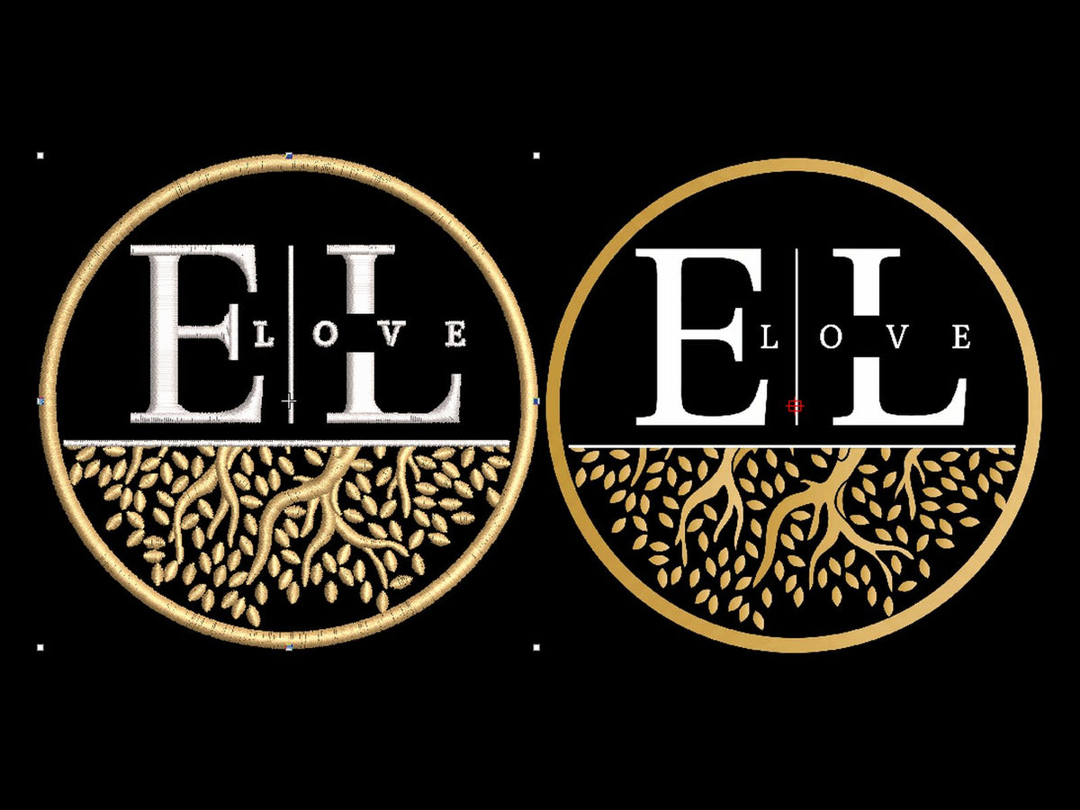 Gold tree roots circle monogram logo digitized for embroidery, artwork and stitched preview