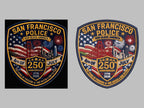 Detailed shield patch with bridge and fireworks digitized for embroidery, artwork and stitched preview