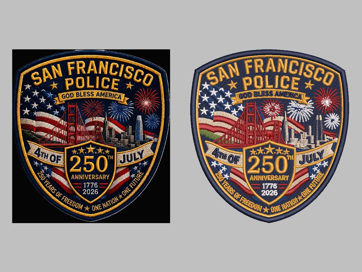 Detailed shield patch with bridge and fireworks digitized for embroidery, artwork and stitched preview