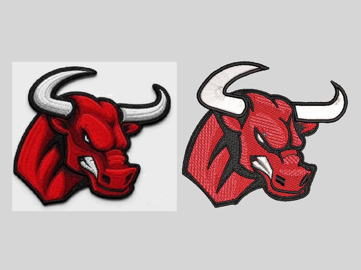 Red bull mascot logo converted to an embroidery file, artwork next to stitched preview