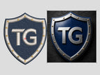 Metal shield monogram logo converted to an embroidery stitch file, artwork next to stitched result