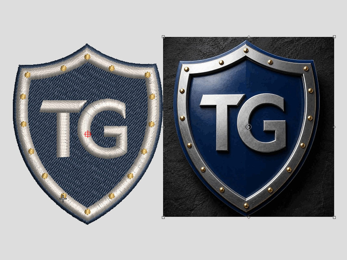 Metal shield monogram logo converted to an embroidery stitch file, artwork next to stitched result