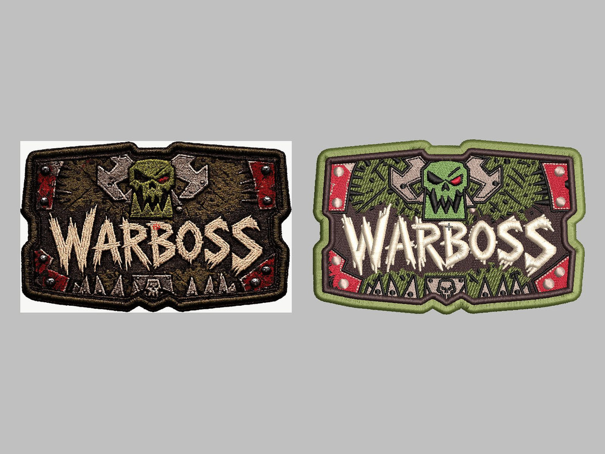 Orc skull lettering patch digitized for embroidery, artwork and stitched preview