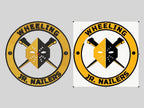 Circular hockey team logo with crossed sticks, embroidery digitizing before and after