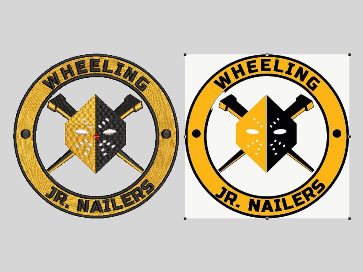 Circular hockey team logo with crossed sticks, embroidery digitizing before and after